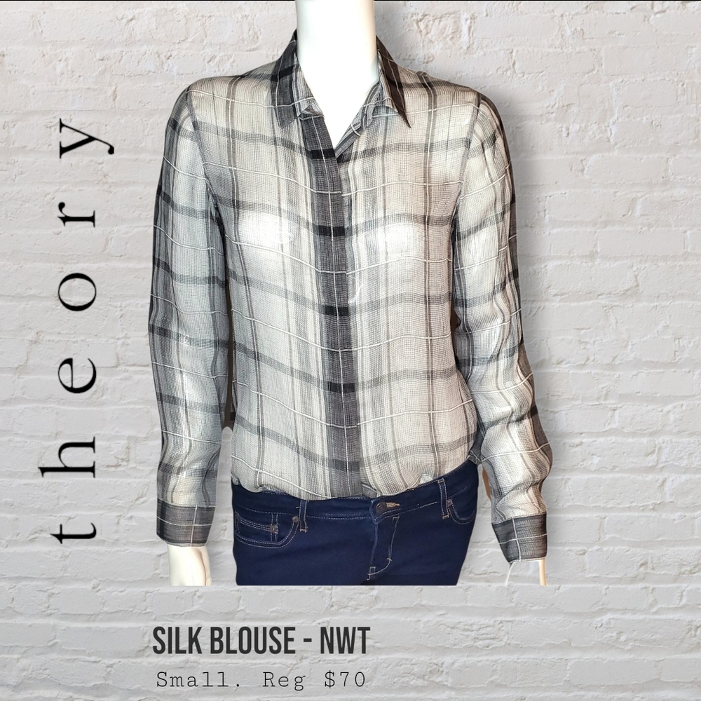 Theory Silk Long Sleeved Grey Plaid Button Down Top Women's Size Small